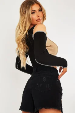 Rebellious Fashion Camel Colour Block Off Shoulder Crop Top - Lanae