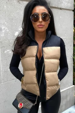 Rebellious Fashion Camel Contrast Front Puffer Gilet - Mikenzie