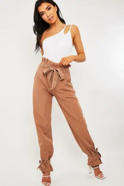 Rebellious Fashion Camel Contrast Stitch Ankle Tie Trousers - Neyla