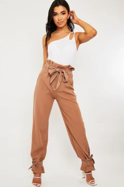 Rebellious Fashion Camel Contrast Stitch Ankle Tie Trousers - Neyla