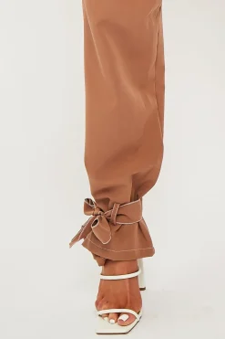 Rebellious Fashion Camel Contrast Stitch Ankle Tie Trousers - Neyla