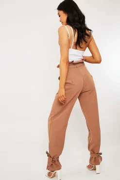 Rebellious Fashion Camel Contrast Stitch Ankle Tie Trousers - Neyla