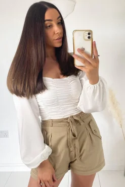 Rebellious Fashion Camel Contrast Stitch Belted Shorts - Michella