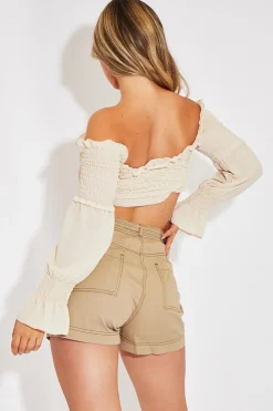 Rebellious Fashion Camel Contrast Stitch Belted Shorts - Michella