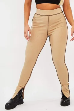 Rebellious Fashion Camel Contrast Stitch Split Hem Leggings - Ria
