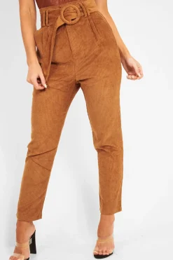 Rebellious Fashion Camel Corduroy Belted Tapered Trousers - Janelle