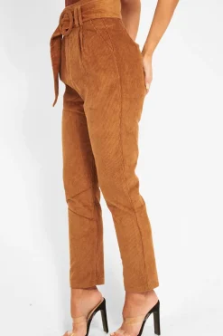 Rebellious Fashion Camel Corduroy Belted Tapered Trousers - Janelle