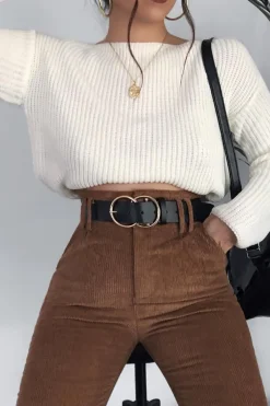 Rebellious Fashion Camel Corduroy Belted Tapered Trousers - Janelle