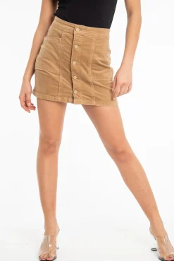 Rebellious Fashion Camel Corduroy Button Front Mini Skirt - Vicky