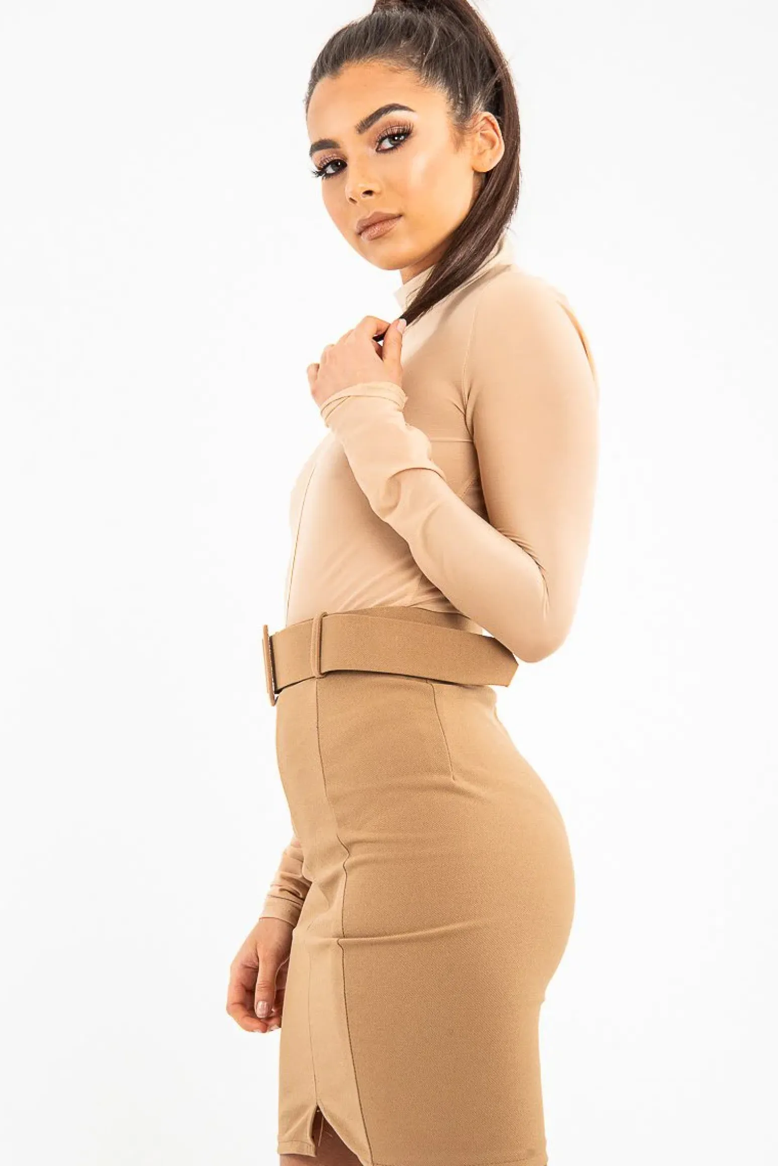 Rebellious Fashion Camel Crepe Belted Bodycon Mini Skirt - Raven