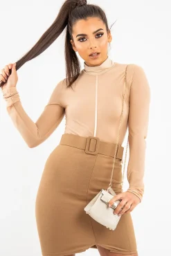 Rebellious Fashion Camel Crepe Belted Bodycon Mini Skirt - Raven