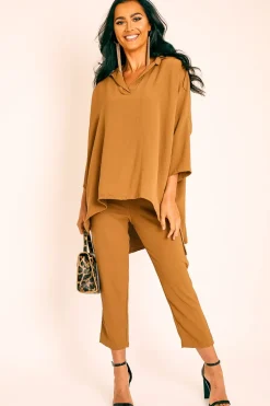 Rebellious Fashion Camel Crepe Oversized Shirt and Cropped Trousers Co-ord - Ellee