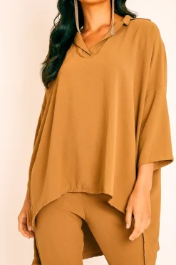 Rebellious Fashion Camel Crepe Oversized Shirt and Cropped Trousers Co-ord - Ellee