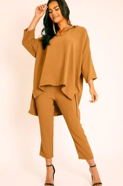Rebellious Fashion Camel Crepe Oversized Shirt and Cropped Trousers Co-ord - Ellee
