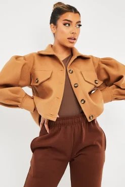 Rebellious Fashion Camel Cropped Balloon Sleeve Shacket - Lexia