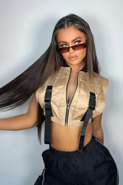 Rebellious Fashion Camel Cropped Utility Vest - Reba
