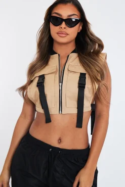 Rebellious Fashion Camel Cropped Utility Vest - Reba