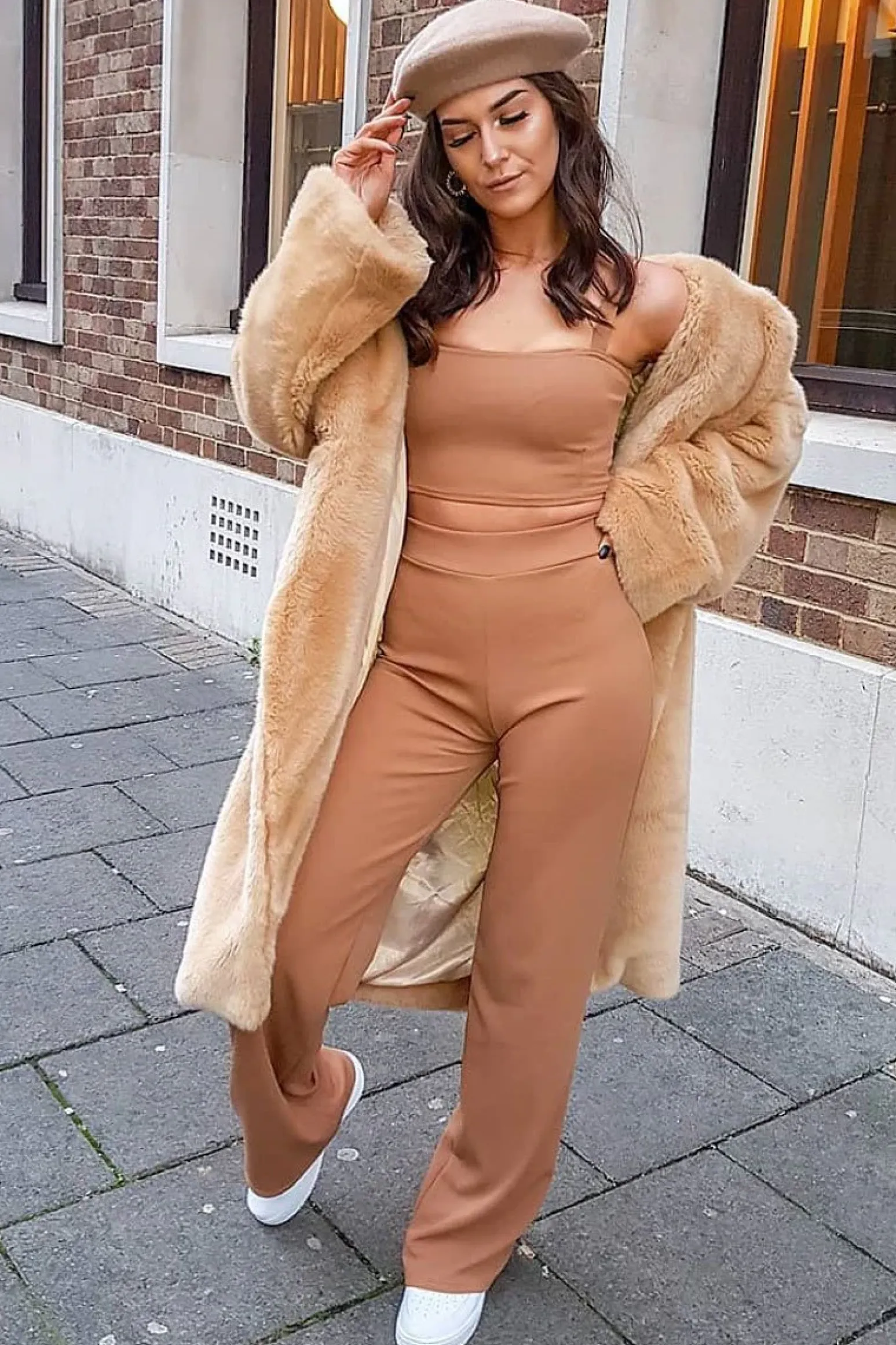 Rebellious Fashion Camel Crop Top and Trousers Co-ord Set - Kimmy