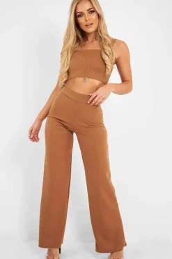 Rebellious Fashion Camel Crop Top and Trousers Co-ord Set - Kimmy