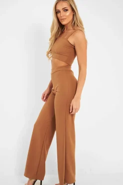 Rebellious Fashion Camel Crop Top and Trousers Co-ord Set - Kimmy