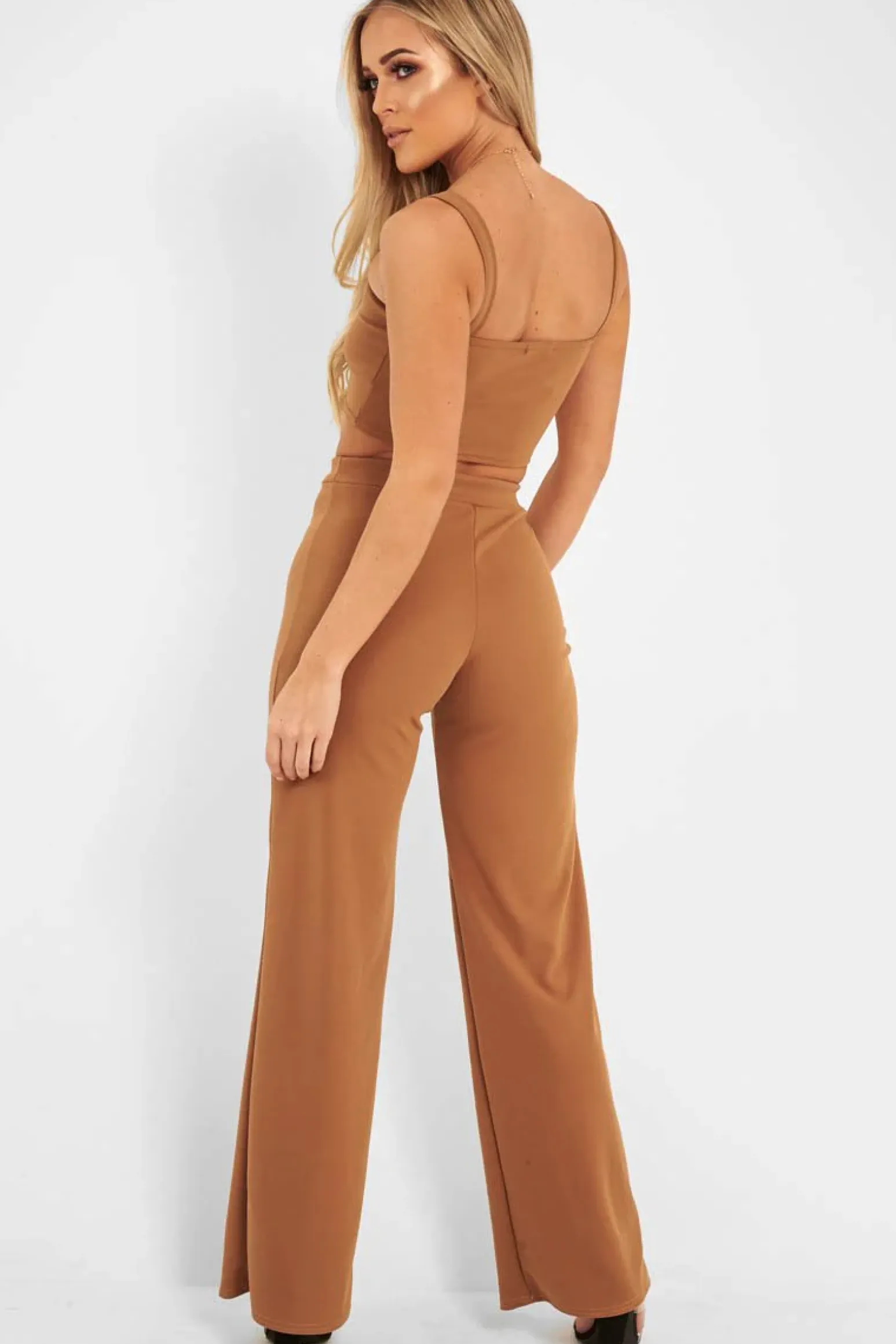 Rebellious Fashion Camel Crop Top and Trousers Co-ord Set - Kimmy