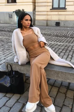 Rebellious Fashion Camel Crop Top and Trousers Co-ord Set - Kimmy