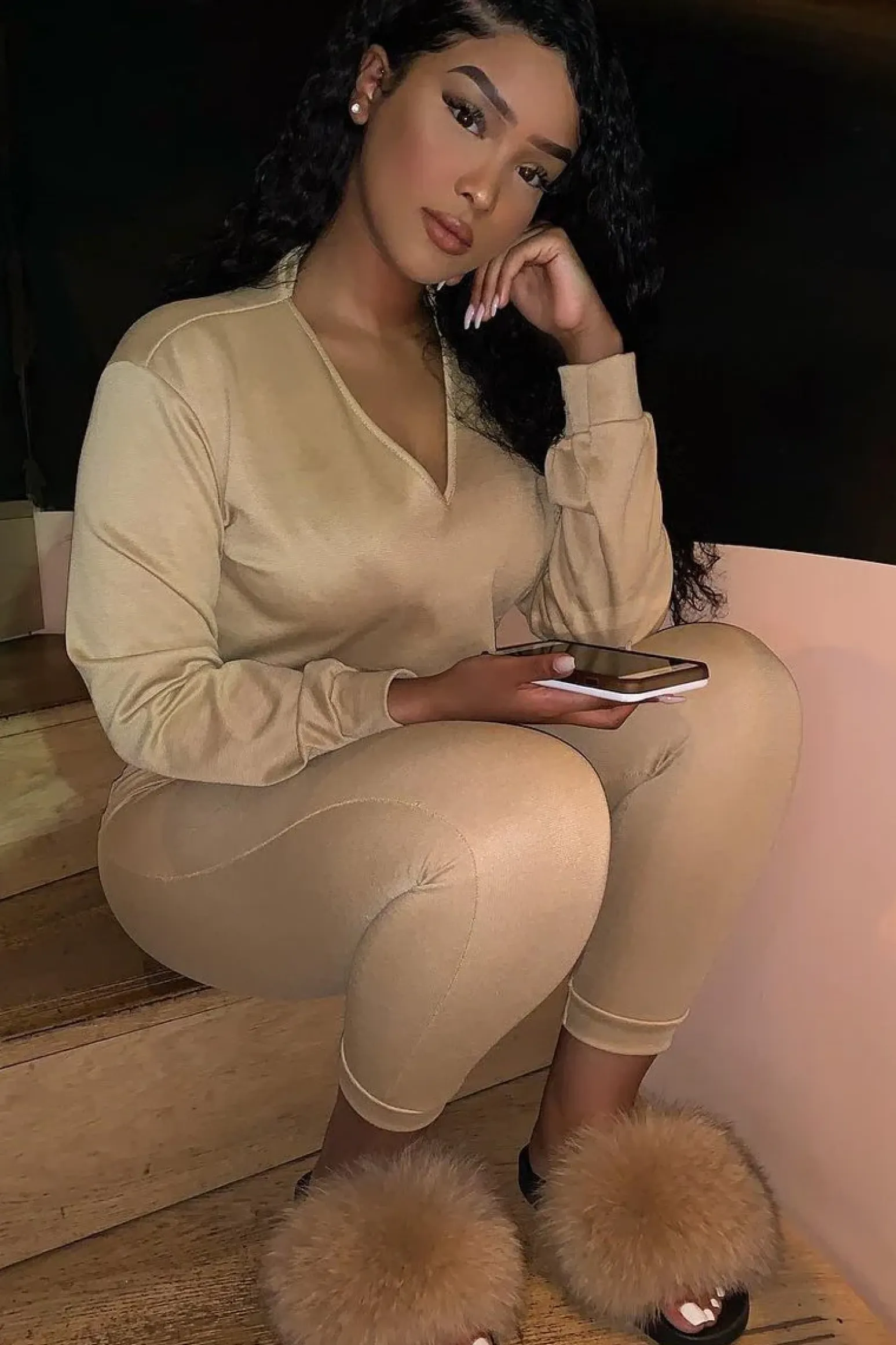 Rebellious Fashion Camel Cut Out Loungewear Set - Adaia