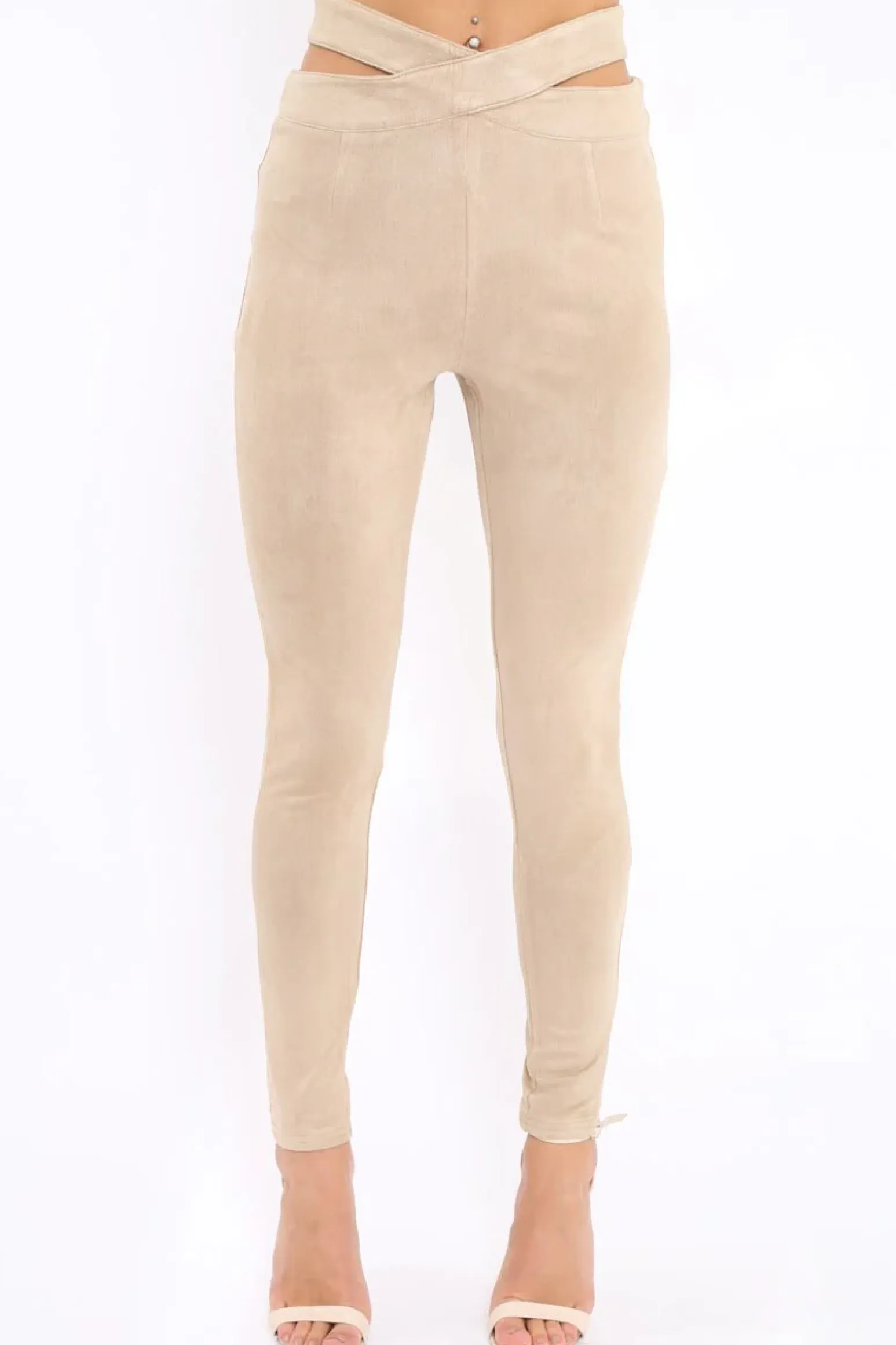 Rebellious Fashion Camel Cut Out Waist Suede Leggings - Anala