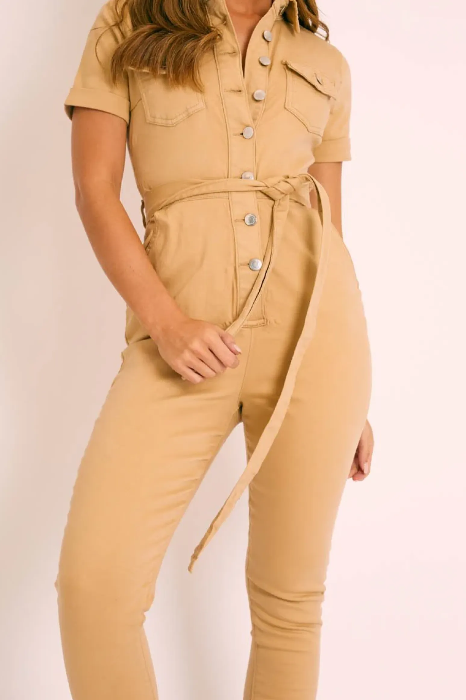 Rebellious Fashion Camel Denim Short Sleeve Button Up Belted Waist Boilersuit - Stevie
