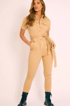 Rebellious Fashion Camel Denim Short Sleeve Button Up Belted Waist Boilersuit - Stevie