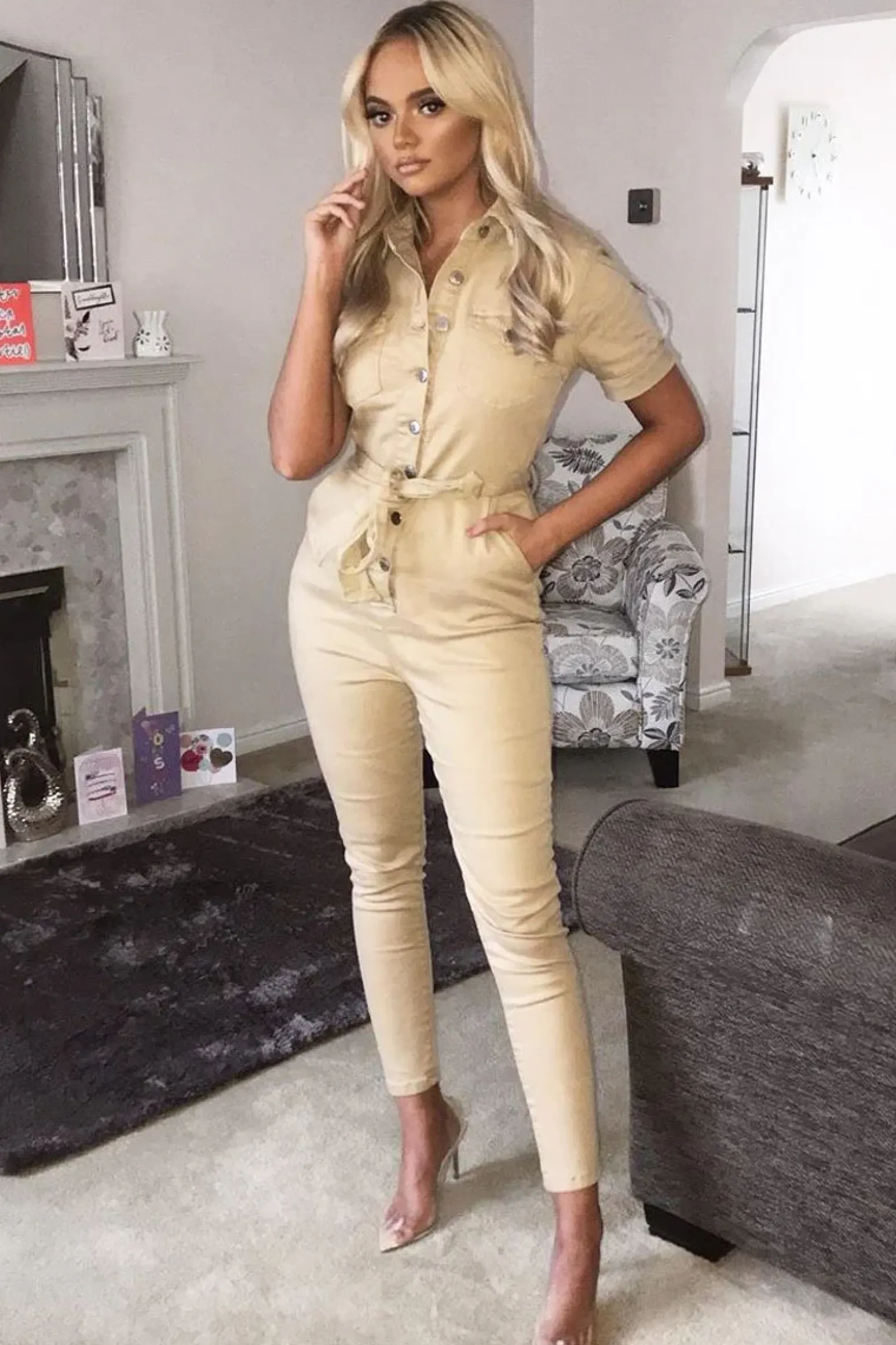 Rebellious Fashion Camel Denim Short Sleeve Button Up Belted Waist Boilersuit - Stevie