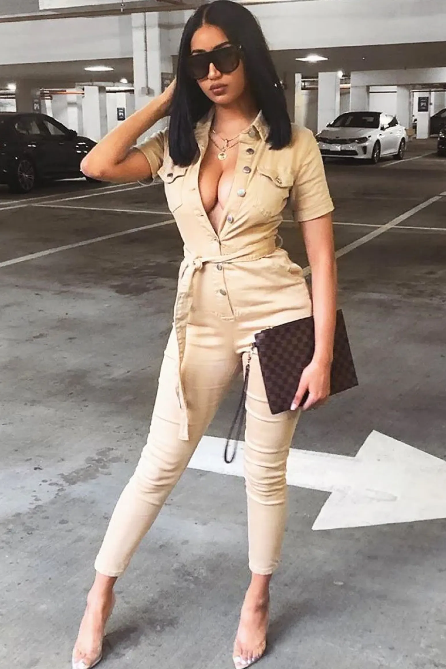 Rebellious Fashion Camel Denim Short Sleeve Button Up Belted Waist Boilersuit - Stevie