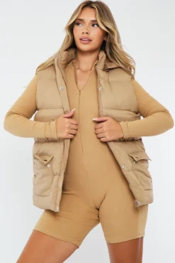 Rebellious Fashion Camel Detachable Hood Puffer Gilet - Emisha