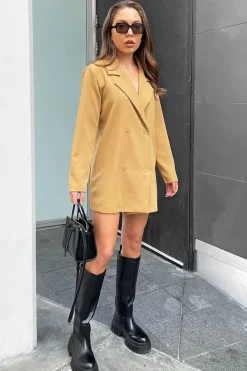 Rebellious Fashion Camel Double Breasted Longline Blazer - Izelle