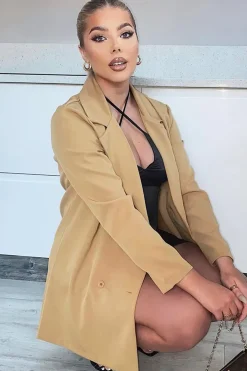 Rebellious Fashion Camel Double Breasted Longline Blazer - Izelle
