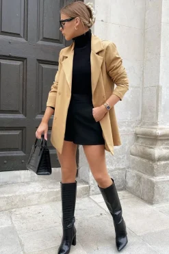 Rebellious Fashion Camel Double Breasted Longline Blazer - Izelle