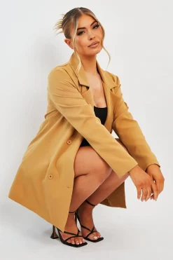 Rebellious Fashion Camel Double Breasted Longline Blazer - Izelle