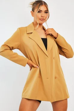 Rebellious Fashion Camel Double Breasted Longline Blazer - Izelle