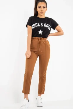 Rebellious Fashion Camel Drawstring Seam Front Tailored Joggers - Lissie