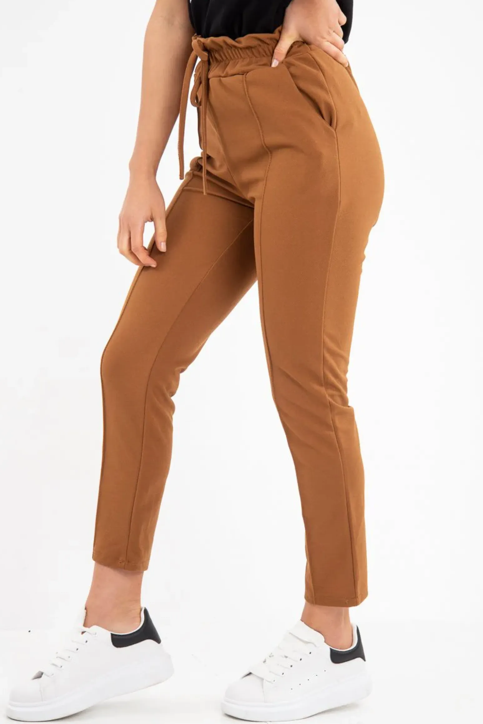 Rebellious Fashion Camel Drawstring Seam Front Tailored Joggers - Lissie