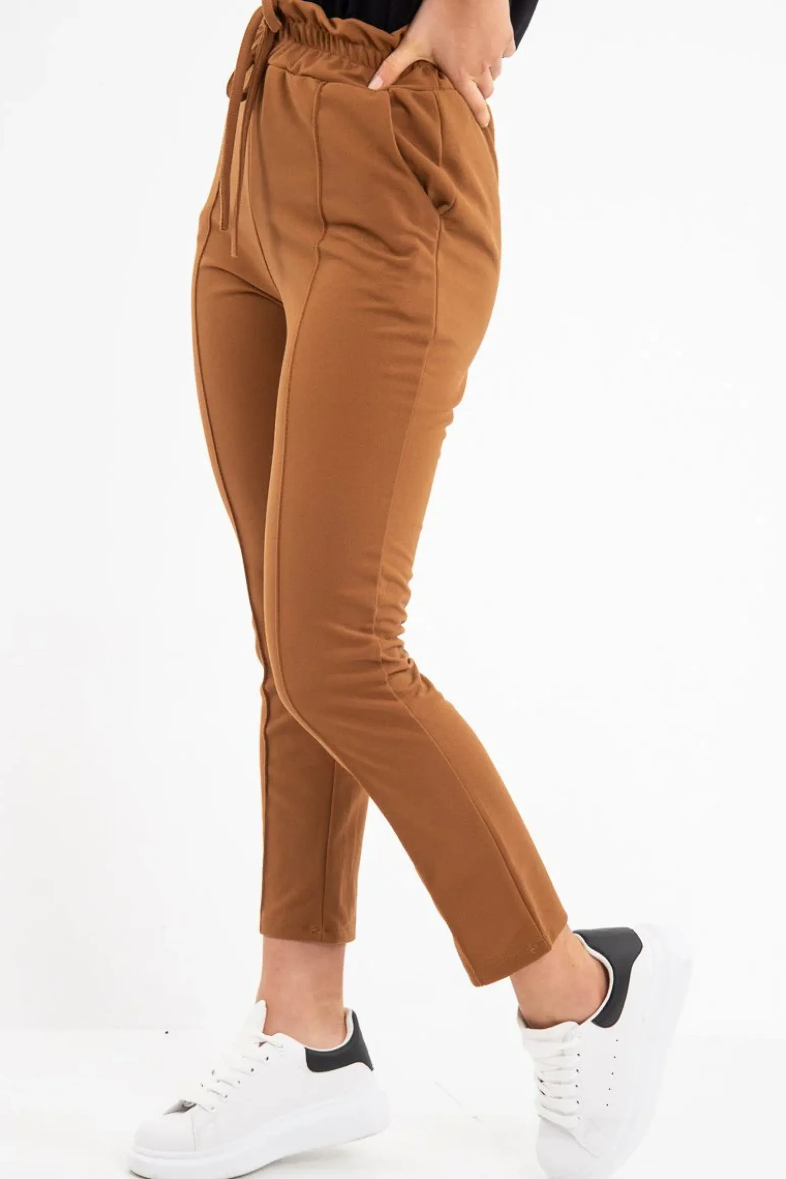 Rebellious Fashion Camel Drawstring Seam Front Tailored Joggers - Lissie