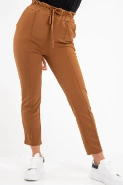 Rebellious Fashion Camel Drawstring Seam Front Tailored Joggers - Lissie