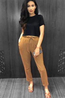 Rebellious Fashion Camel Drawstring Seam Front Tailored Joggers - Lissie