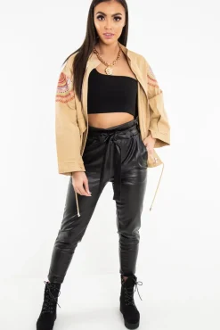 Rebellious Fashion Camel Embroidered Sequin Parka Denim Jacket - Laicee
