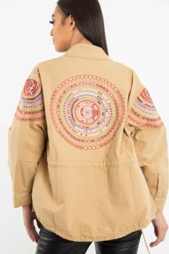 Rebellious Fashion Camel Embroidered Sequin Parka Denim Jacket - Laicee