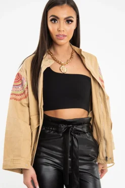 Rebellious Fashion Camel Embroidered Sequin Parka Denim Jacket - Laicee