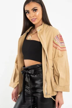 Rebellious Fashion Camel Embroidered Sequin Parka Denim Jacket - Laicee