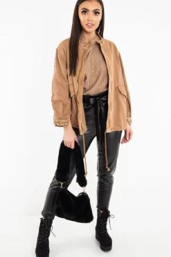 Rebellious Fashion Camel Embroidered Sleeve Detail Denim Parka Jacket - Kaori