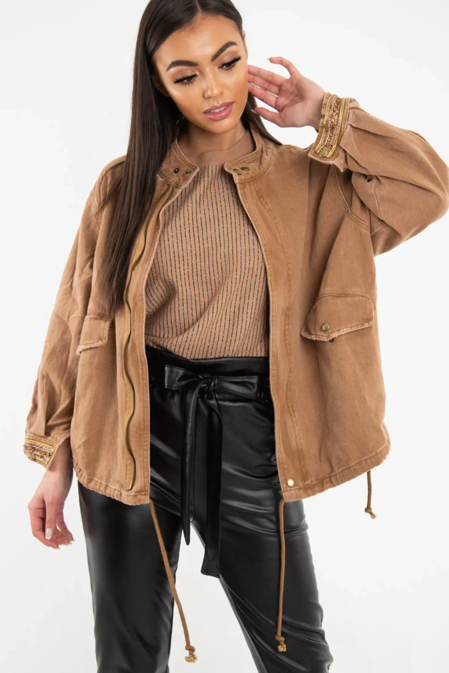 Rebellious Fashion Camel Embroidered Sleeve Detail Denim Parka Jacket - Kaori