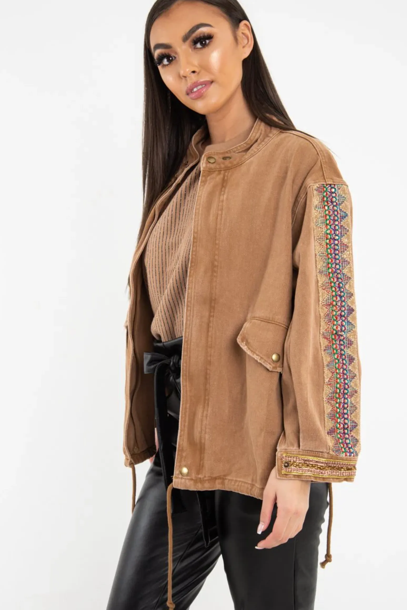 Rebellious Fashion Camel Embroidered Sleeve Detail Denim Parka Jacket - Kaori
